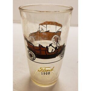 Glass with Automobiles Hazel Atlas Tumbler Ford 1908 & Chevrolet 1913 MCM VTG